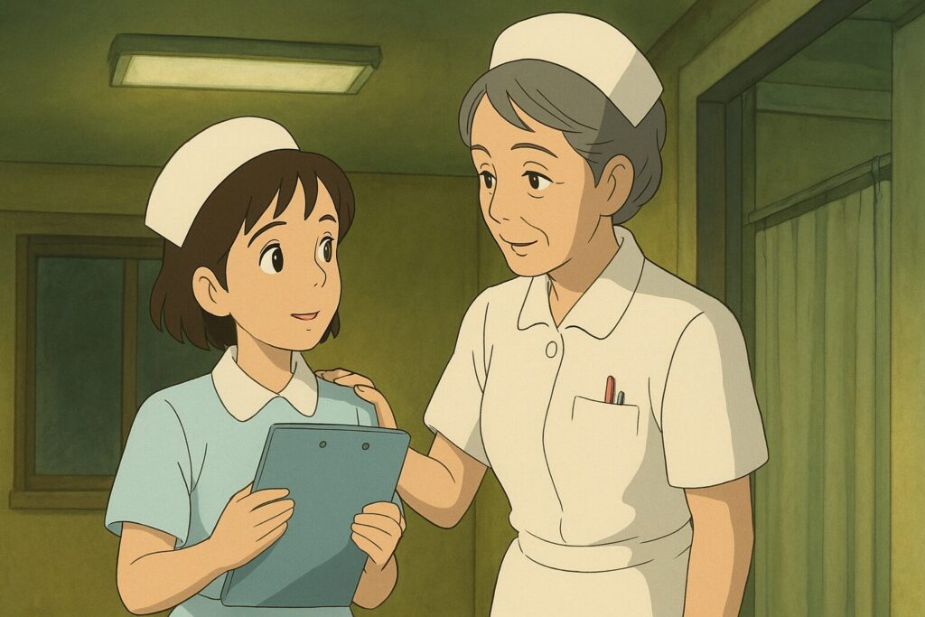 看護師が先輩看護師と話をしている画像