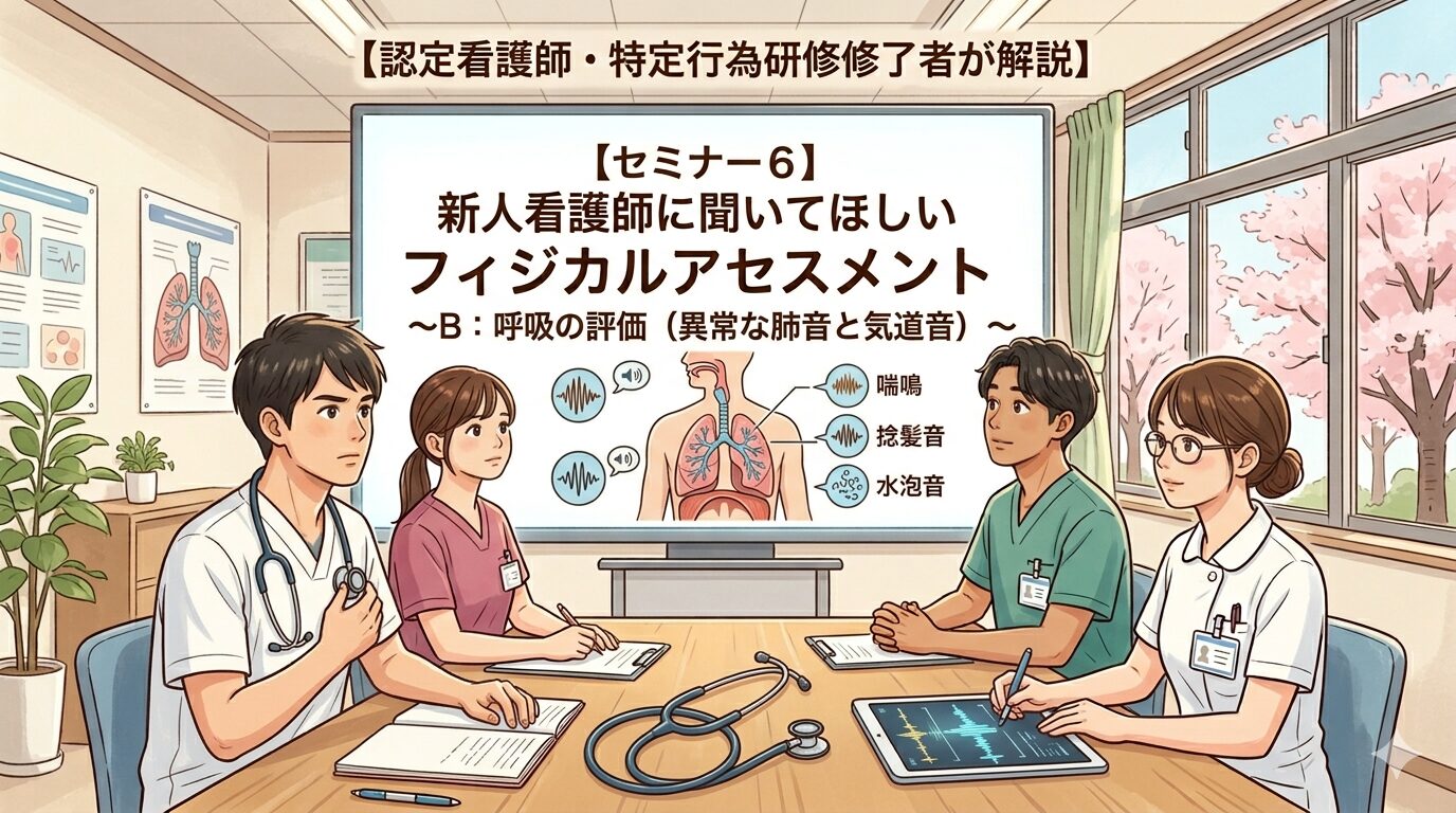 セミナー６．【認定看護師・特定行為研修修了者が解説】新人看護師に聞いてほしい　フィジカルアセスメント〜B：呼吸の評価（異常な肺音と気道音）〜