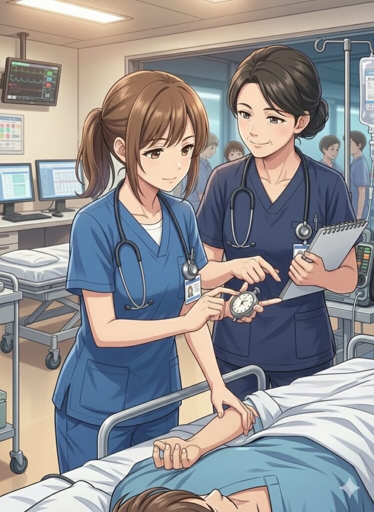 脈拍をとっている看護師