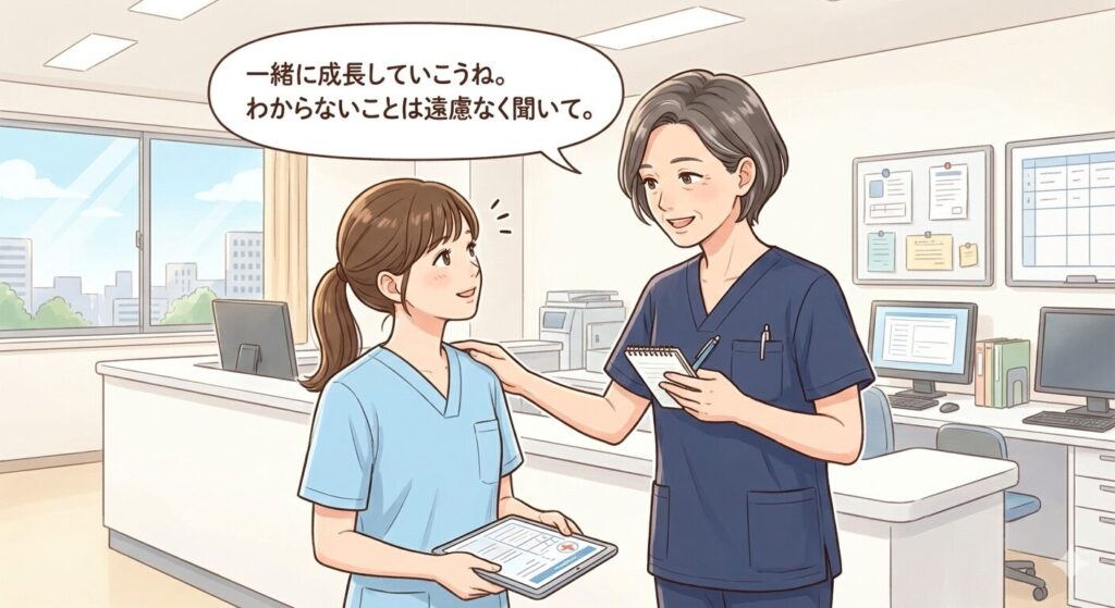 先輩看護師が新人看護師にアドバイス