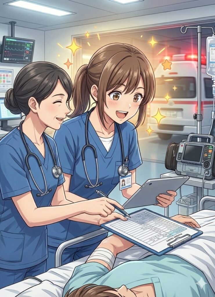 アドバイスを嬉しそうに聞く　新人看護師