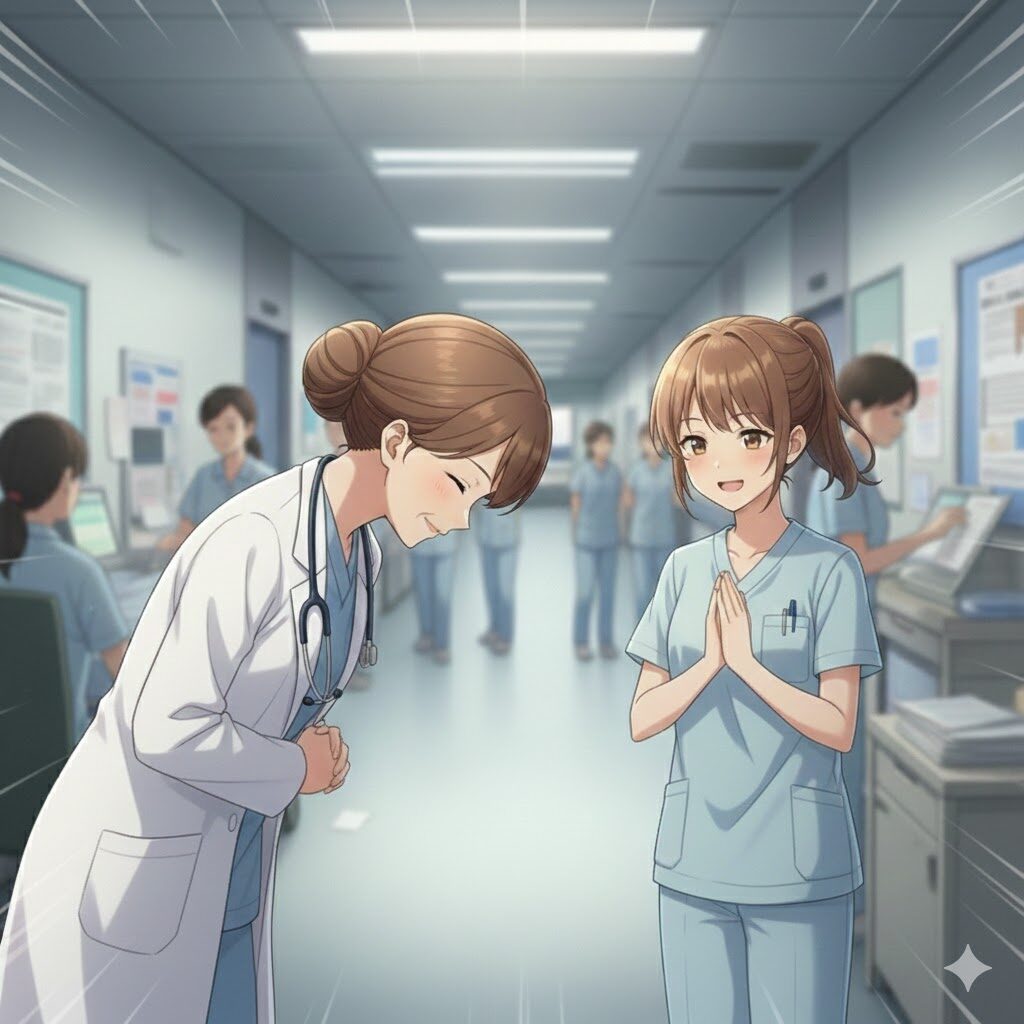 先輩看護師がありがとうと言っているイラスト