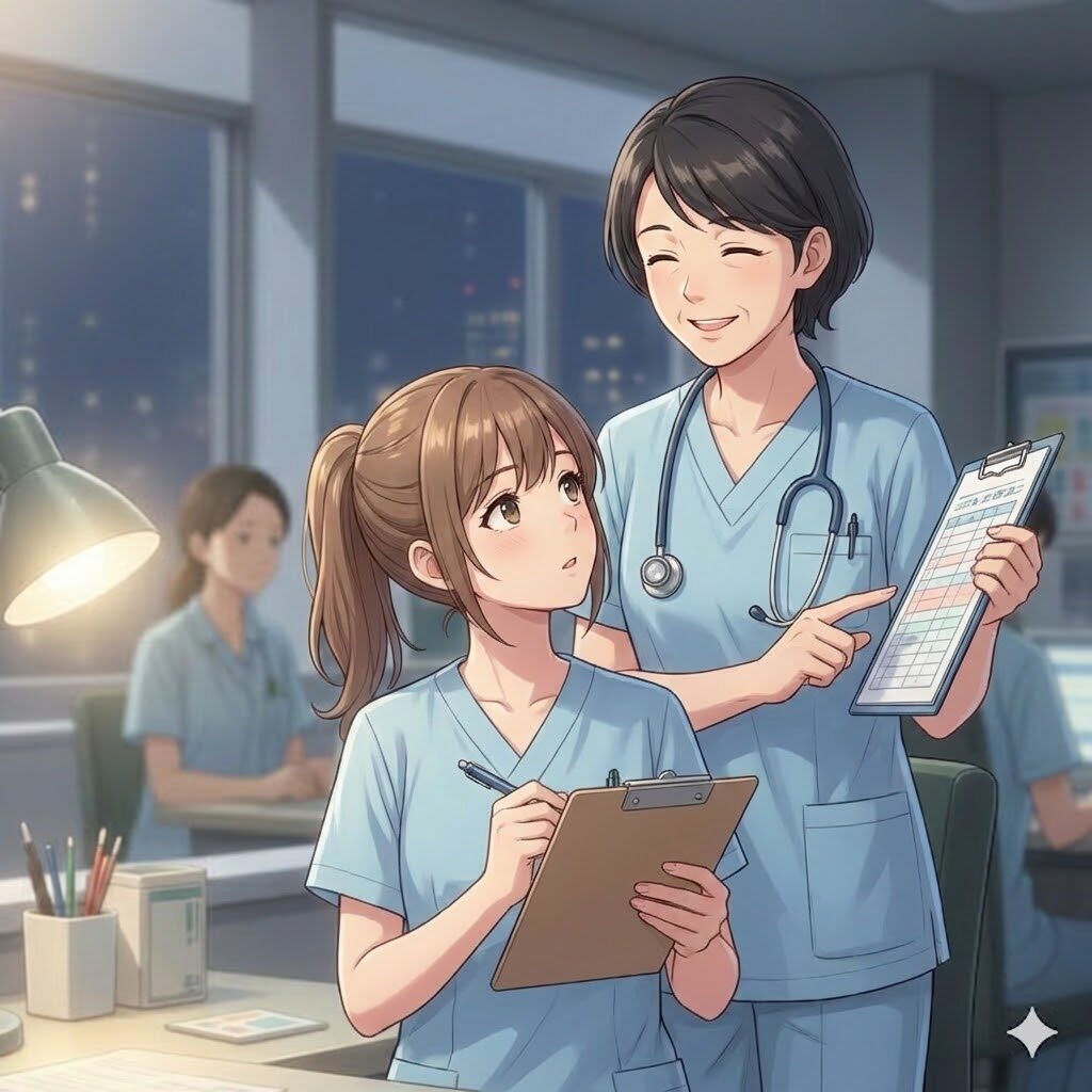 質問している看護師