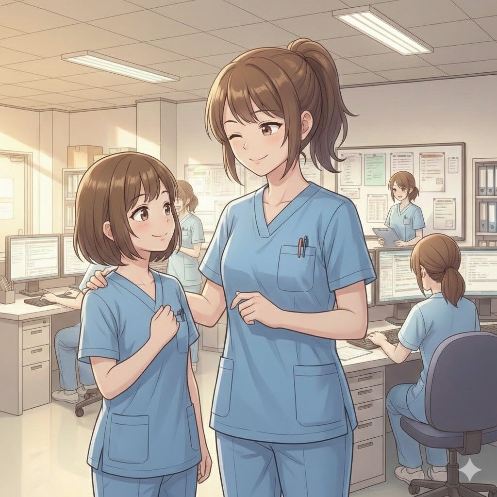 後輩を褒める看護師