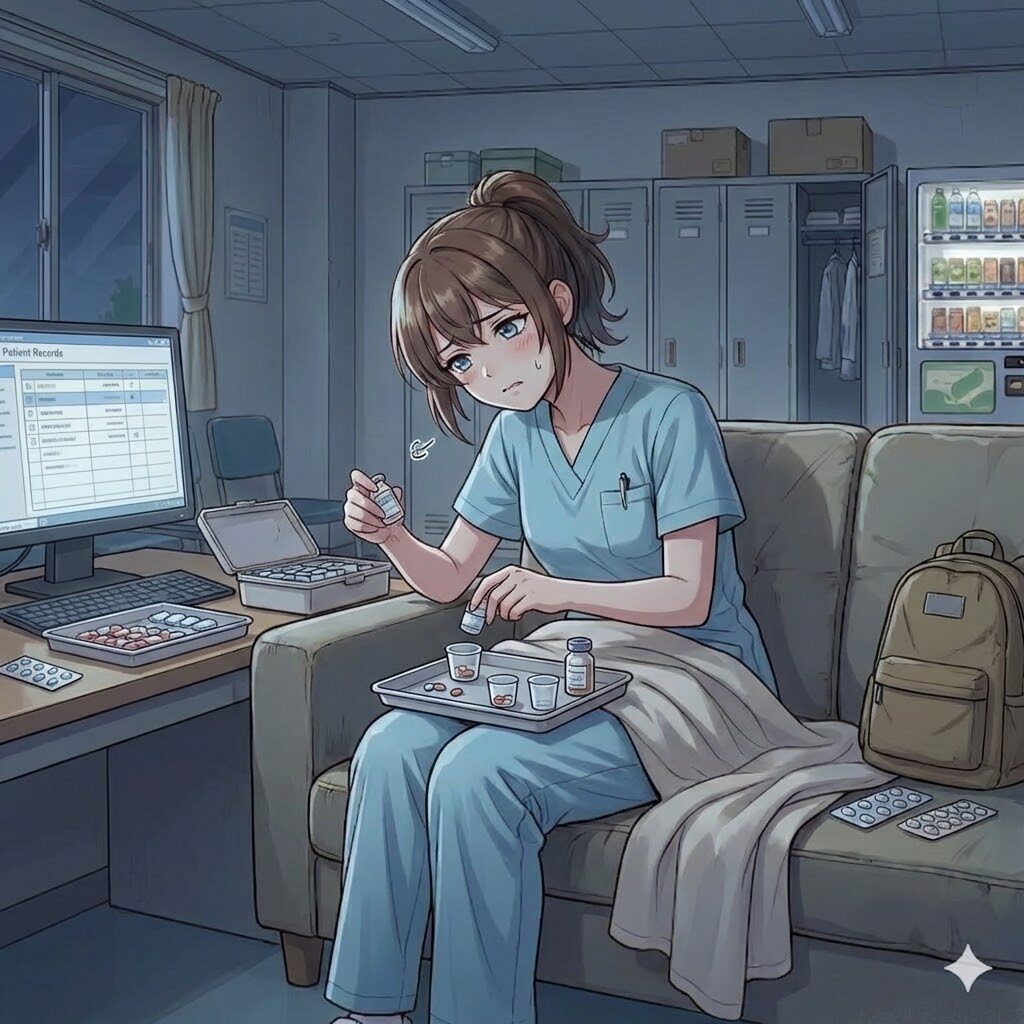 仮眠中に仕事している看護師