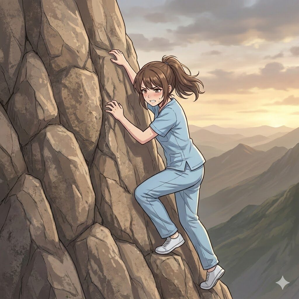 岩にしがみつく看護師