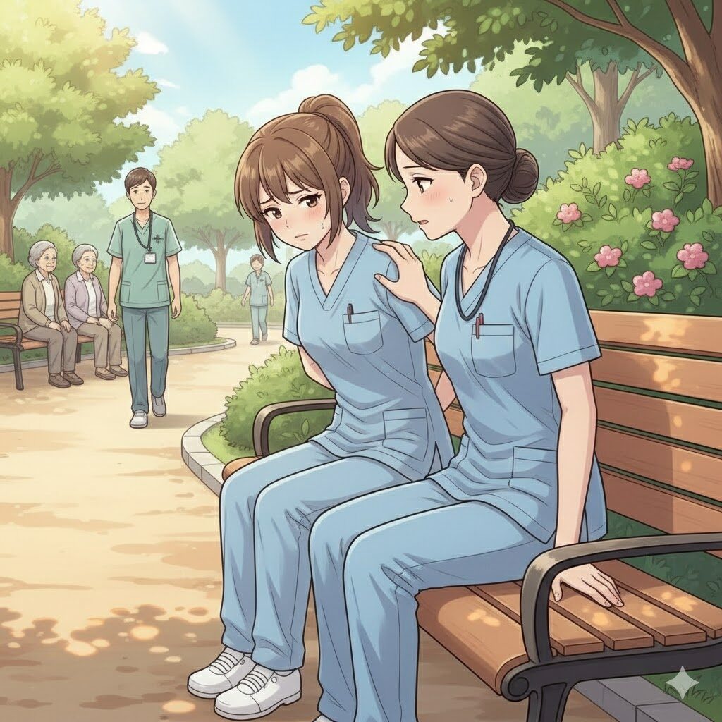 ベンチで相談している看護師