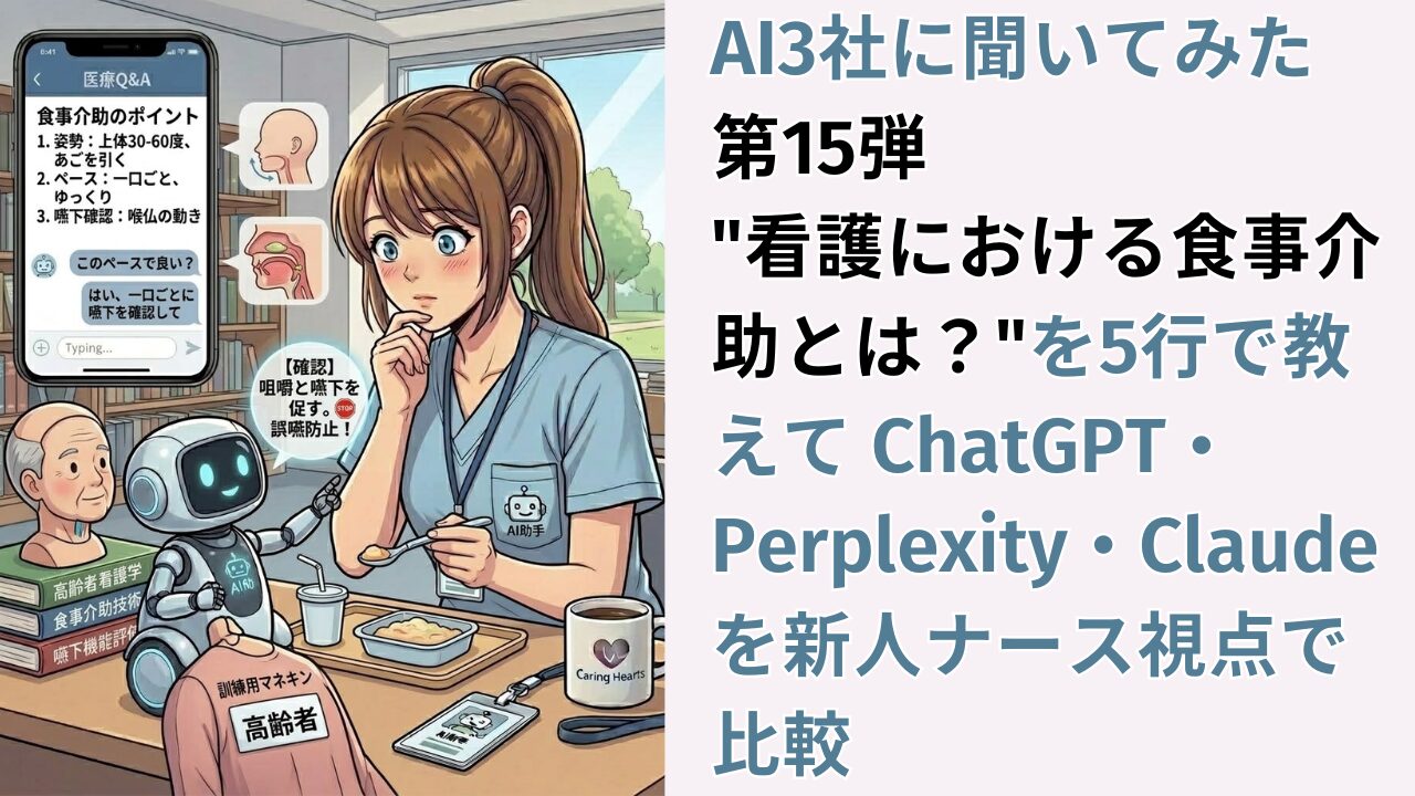 AI3社に聞いてみた 第15弾｜"看護における食事介助とは？"を5行で教えて ChatGPT・Perplexity・Claudeを新人ナース視点で比較