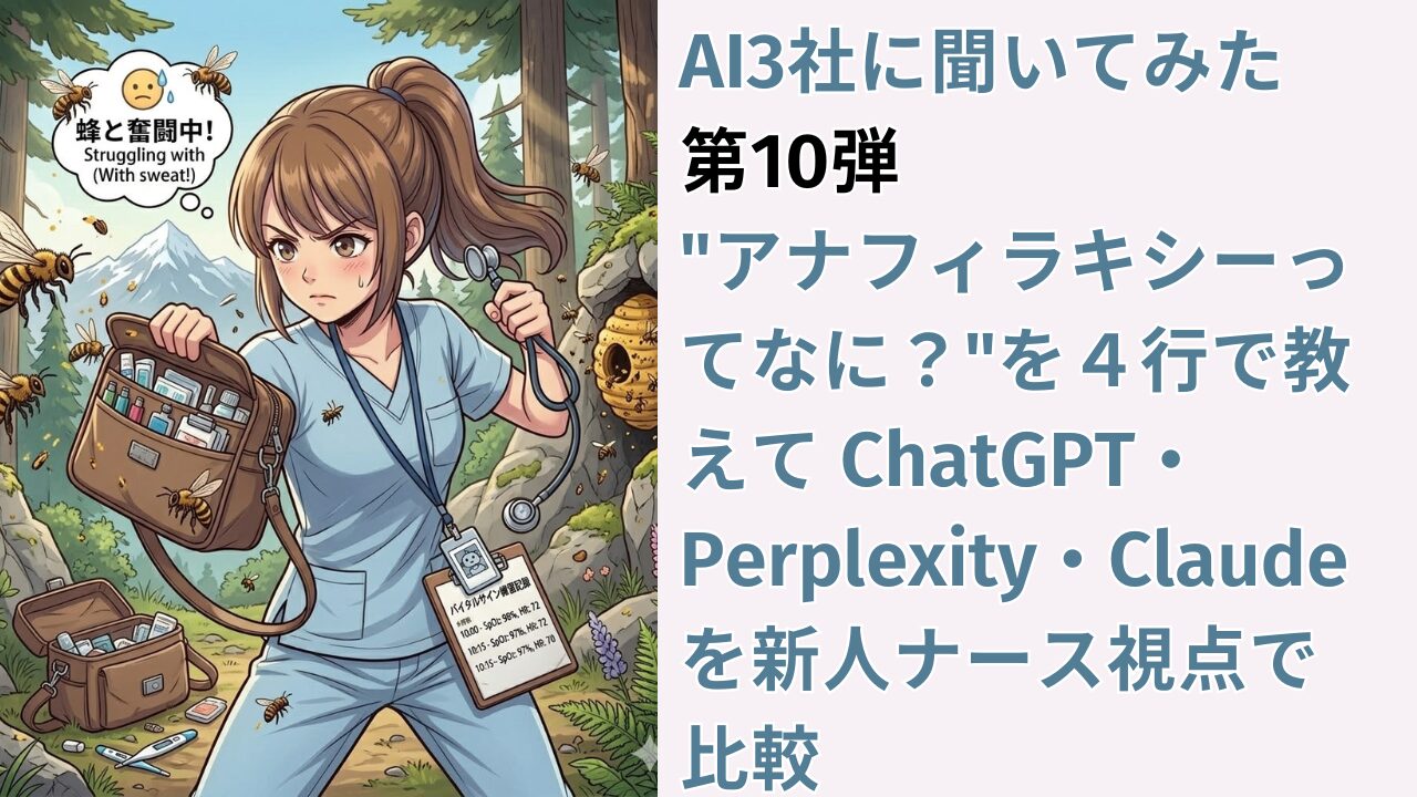 AI3社に聞いてみた　第10弾｜"アナフィラキシーってなに？"を４行で教えて ChatGPT・Perplexity・Claudeを新人ナース視点で比較