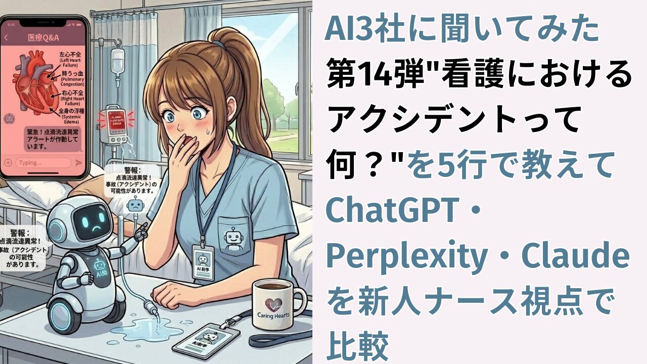 AI3社に聞いてみた 第14弾｜"看護におけるアクシデントって何？"を5行で教えて ChatGPT・Perplexity・Claudeを新人ナース視点で比較