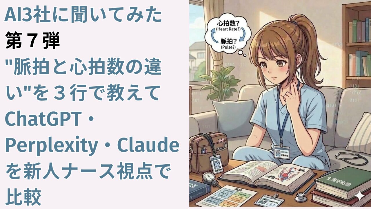 AI3社に聞いてみた　第７弾｜"脈拍と心拍数の違い"を３行で教えてChatGPT・Perplexity・Claudeを新人ナース視点で比較