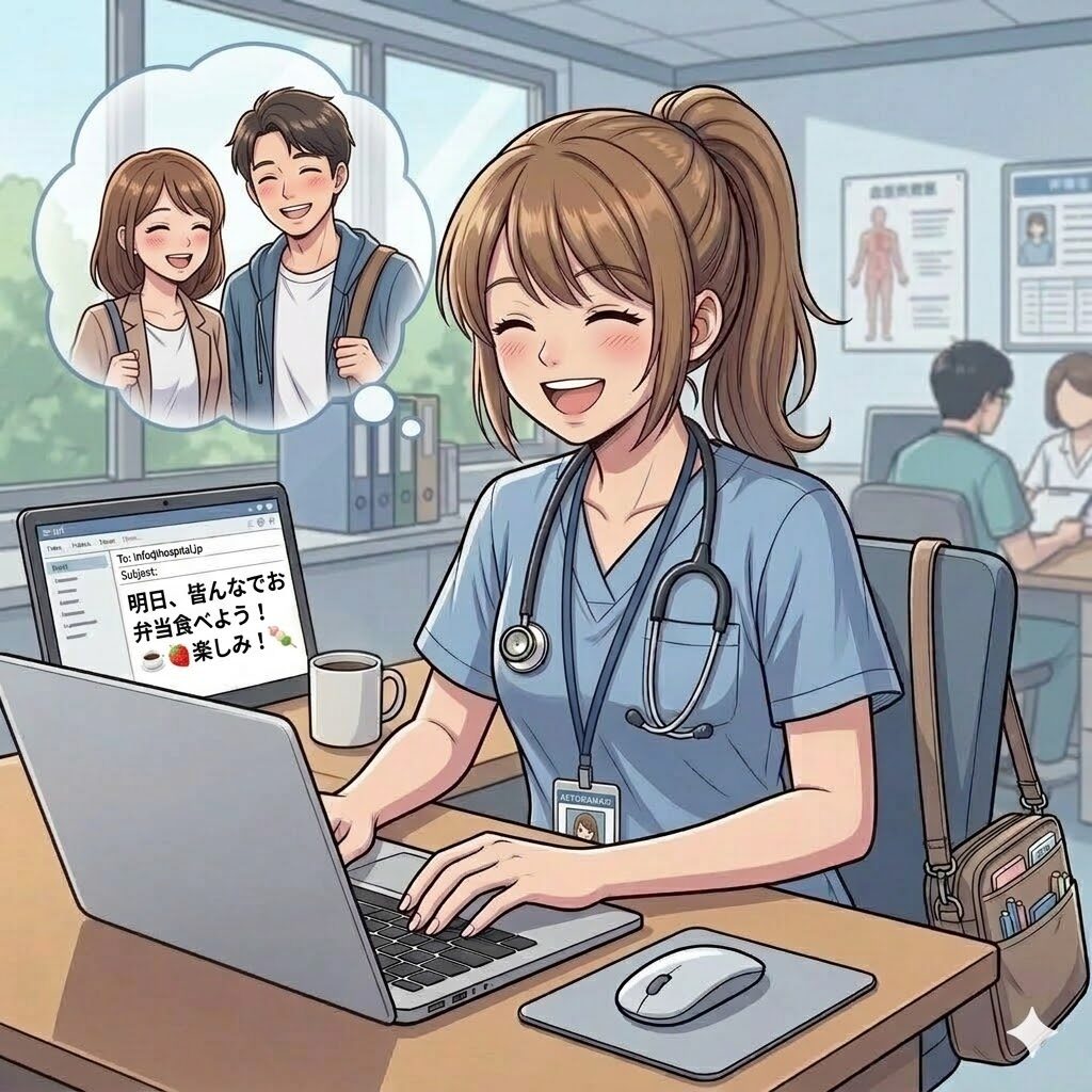 楽しそうにメールを打つ看護師