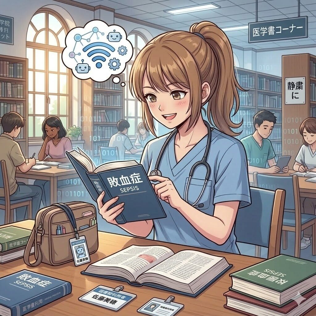 敗血症の本を読む新人看護師