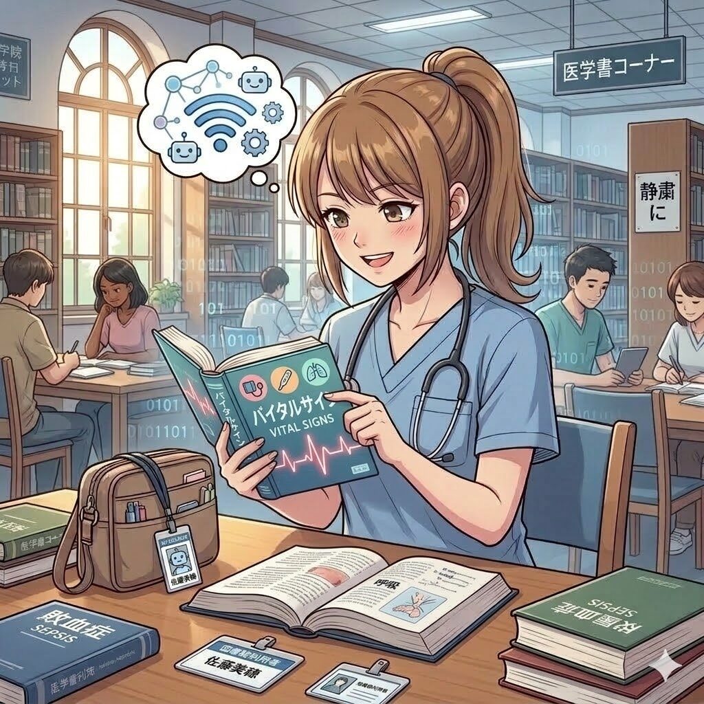 バイタルサインの参考書を読む新人看護師