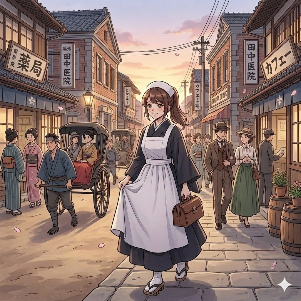 明治時代の看護師が街中を歩く