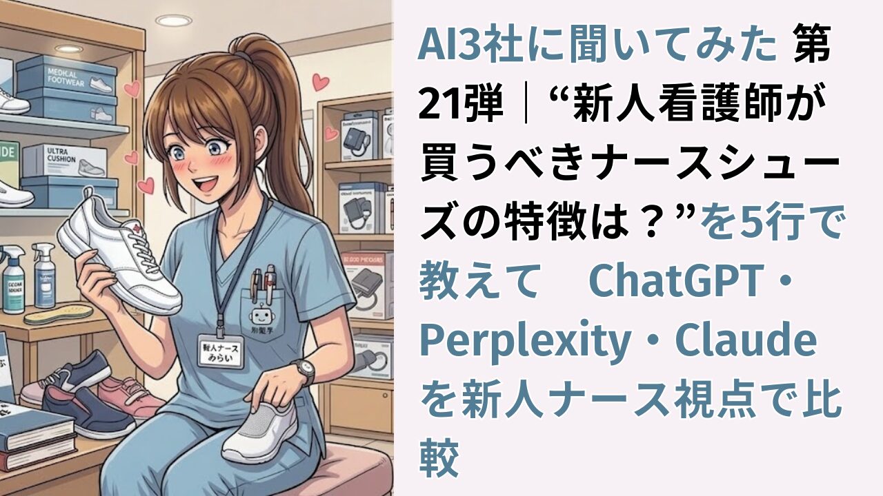 AI3社に聞いてみた 第21弾｜“新人看護師が買うべきナースシューズの特徴は？”を5行で教えて　ChatGPT・Perplexity・Claudeを新人ナース視点で比較