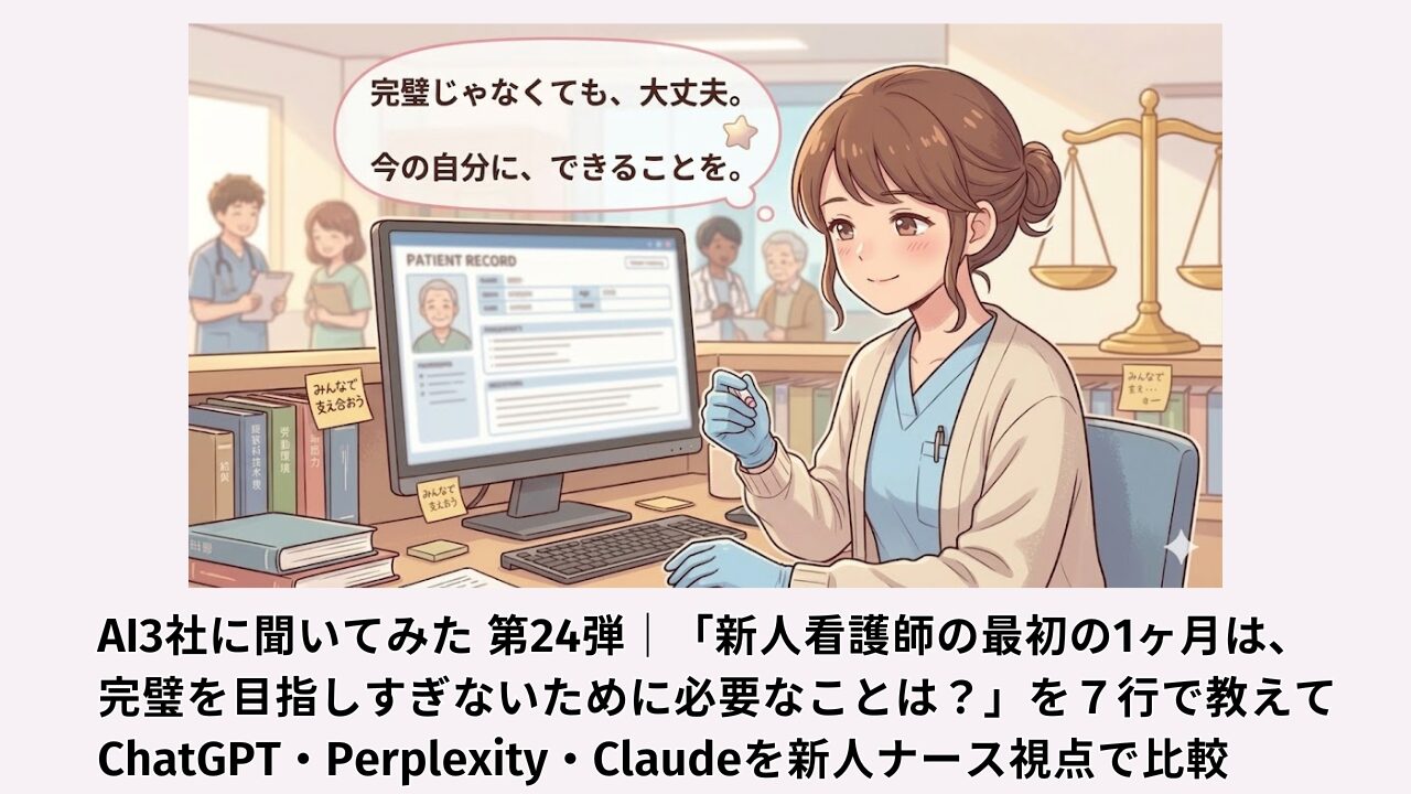 AI3社に聞いてみた 第24弾｜「新人看護師の最初の1ヶ月は、完璧を目指しすぎないために必要なことは？」を７行で教えて　ChatGPT・Perplexity・Claudeを新人ナース視点で比較