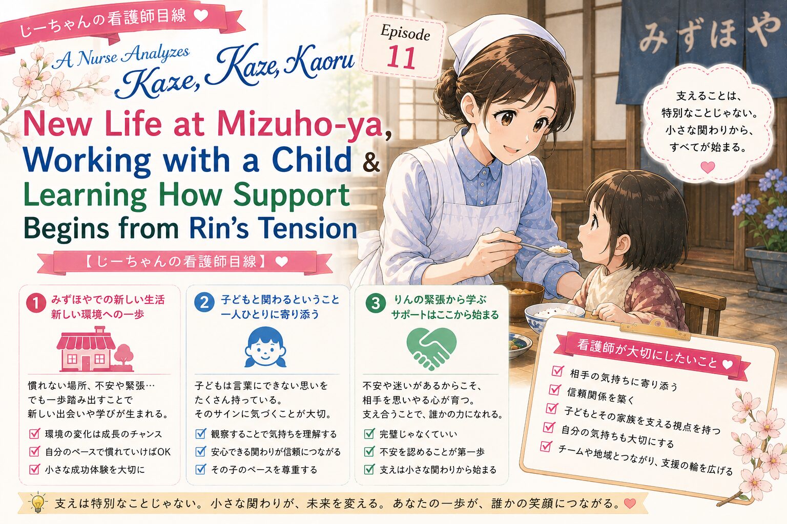 A Nurse Analyzes "Kaze, Kaoru" Episode 11: New Life at Mizuho-ya, Working with a Child & Learning How Support Begins from Rin's Tension [Shi-chan's Nurse Perspective]