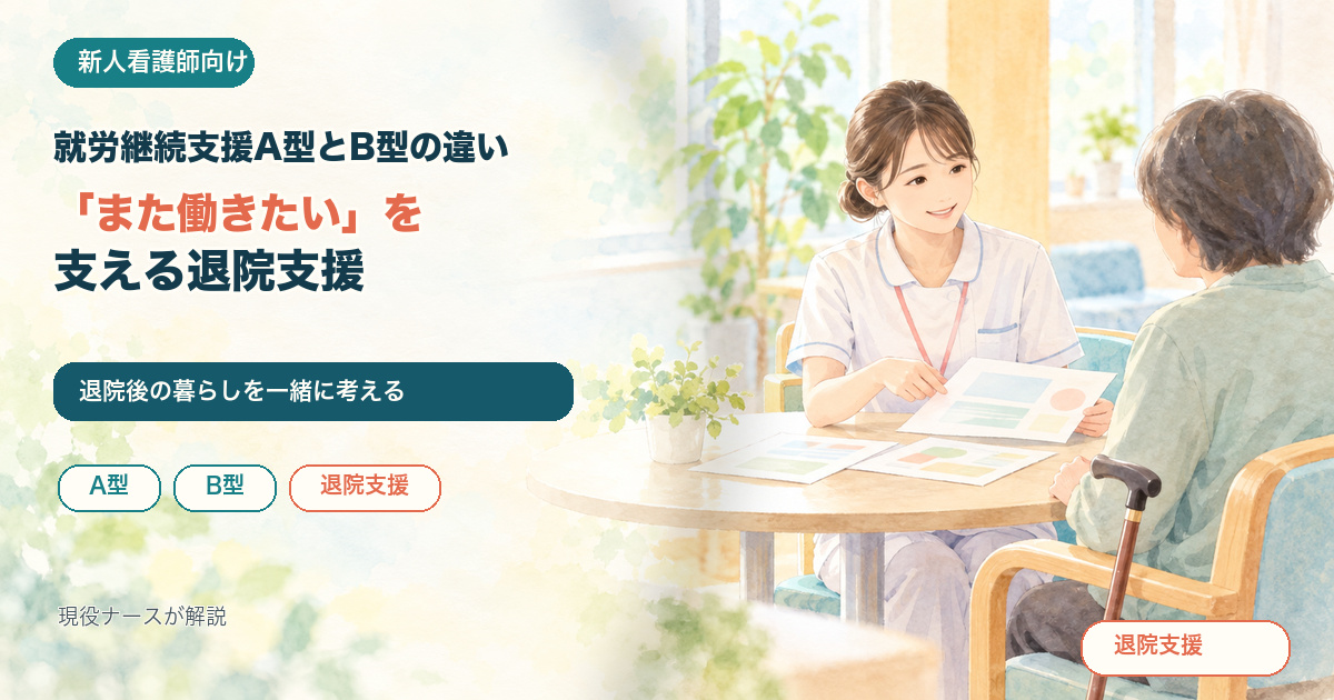 病院の面談スペースで、杖を持つ患者さんと看護師が資料を見ながら退院後の暮らしを考えるイラスト。就労継続支援A型とB型の違い／「また働きたい」を支える退院支援